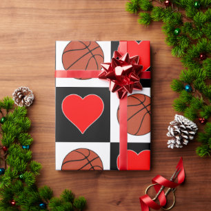 Basketballs & Hearts Black & White Chequered Wrapping Paper
