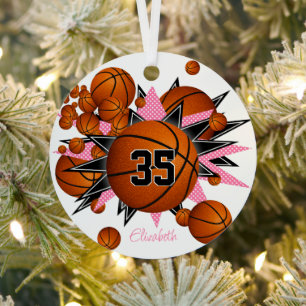 basketballs w pink black stars girls keepsake metal tree decoration
