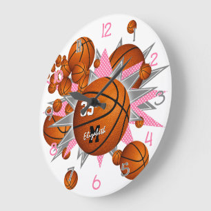 basketballs w pink grey stars sports room decor large clock