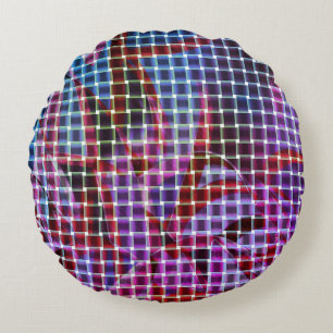 Baskets style on tones of dark pink, blue, lilac round cushion