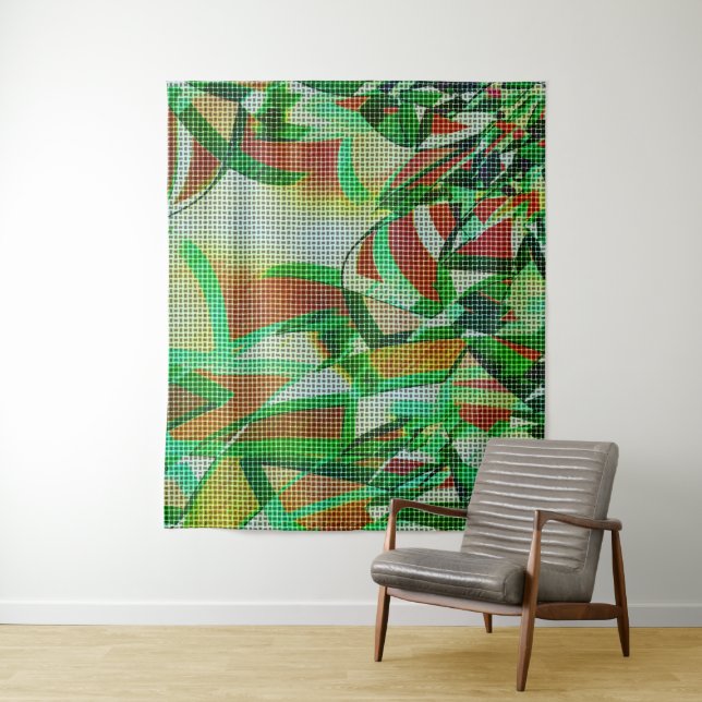 Baskets style upon green curved ribbons tapestry (In Situ)