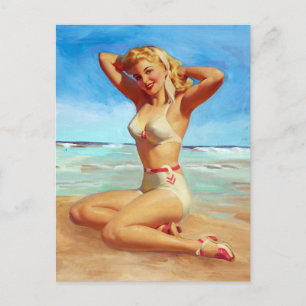 Basking on the Beach Pin Up Postcard