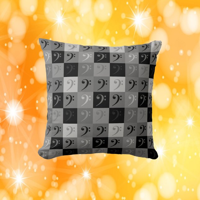 Bass Clef Black and Grey Cushion (A throw pillow with a bass clef pattern in blacks and grays)