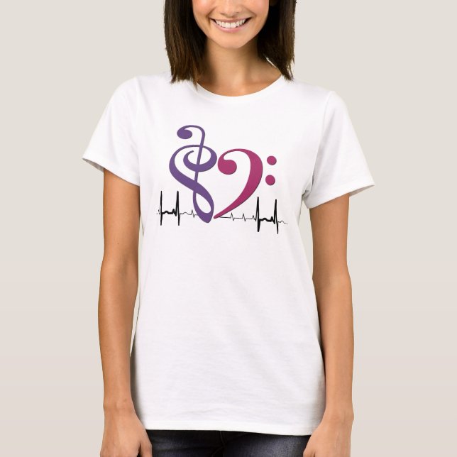 Bass Clef Heart EKG Wave Purple & Mulberry T-Shirt (Front)