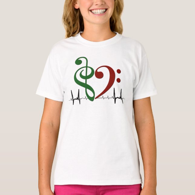 Bass Clef Heart EKG Waves Green & Ruby Red T-Shirt (Front)