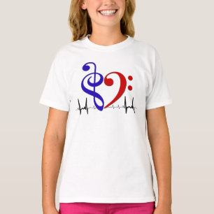 Bass Clef Heart EKG Waves Navy & Red T-Shirt