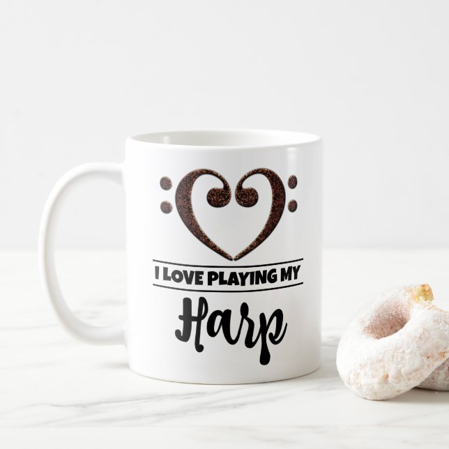 Bass Clef Heart I Love Playing My Harp Coffee Mug (With Donut)