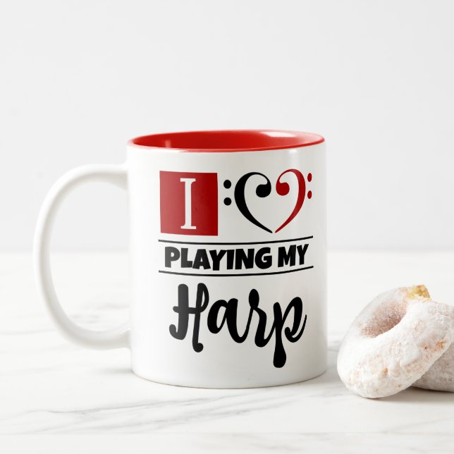 Bass Clef Heart I Love Playing My Harp Two-Tone Coffee Mug (With Donut)