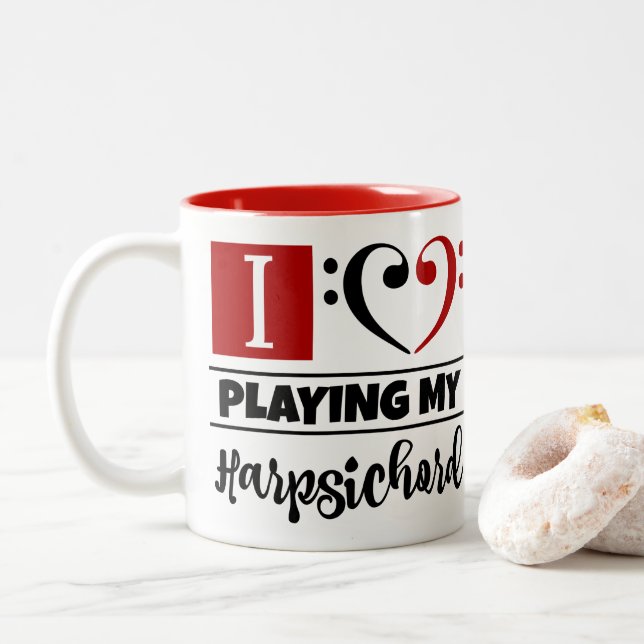 Bass Clef Heart I Love Playing My Harpsichord Two-Tone Coffee Mug (With Donut)
