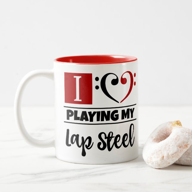 Bass Clef Heart I Love Playing My Lap Steel Two-Tone Coffee Mug (With Donut)