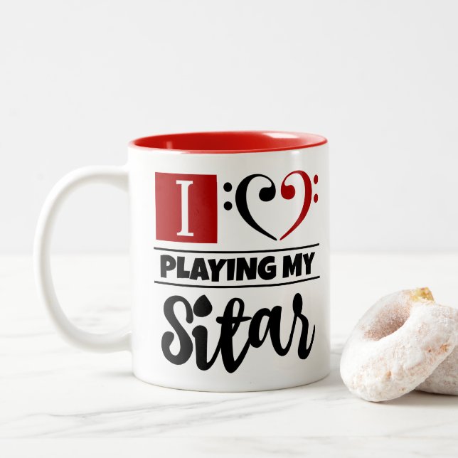 Bass Clef Heart I Love Playing My Sitar Two-Tone Coffee Mug (With Donut)