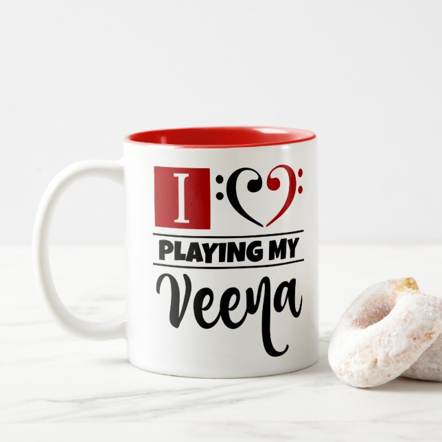 Bass Clef Heart I Love Playing My Veena Two-Tone Coffee Mug (With Donut)