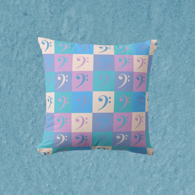 Bass Clef Music Pastel Colours Pattern Cushion (A throw pillow with a pattern of bass clefs in a pastel color scheme.)