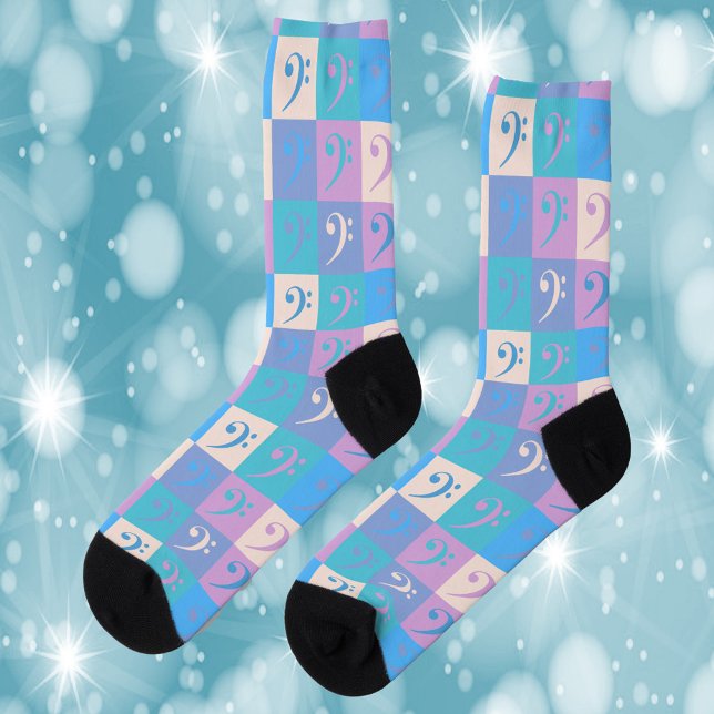 Bass Clef Music Pattern Pastel Socks (A pair of socks with a bass clef music pattern in pastel colors.)