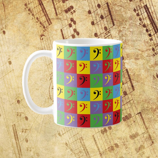 Bass Clef Music Pop Art Rainbow Pattern Coffee Mug (A mug with a pop art pattern of bass clef music symbols)