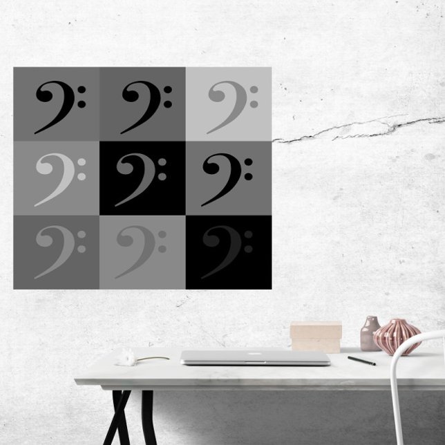 Bass Clef Pattern Black Grey Poster (A poster of a bass clef pattern in various shades of gray and black.)