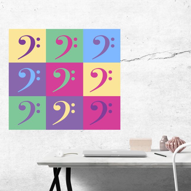 Bass Clef Pattern Bright Colour Pattern Poster (A poster of bass clefs in purple, pink, blue, green and yellow)