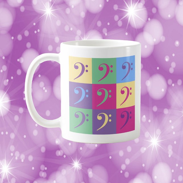 Bass Clef Pattern Colourful Coffee Mug (A mug with a pattern of bass clef symbols in purple, yellow, green, blue and pink)
