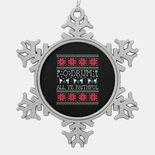 Bass Drum Drummer Christmas Ugly Sweater Gift Snowflake Pewter Christmas Ornament (Front)