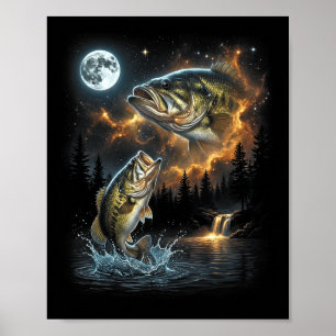 Bass fish howling at the moon 90s vintage angler poster
