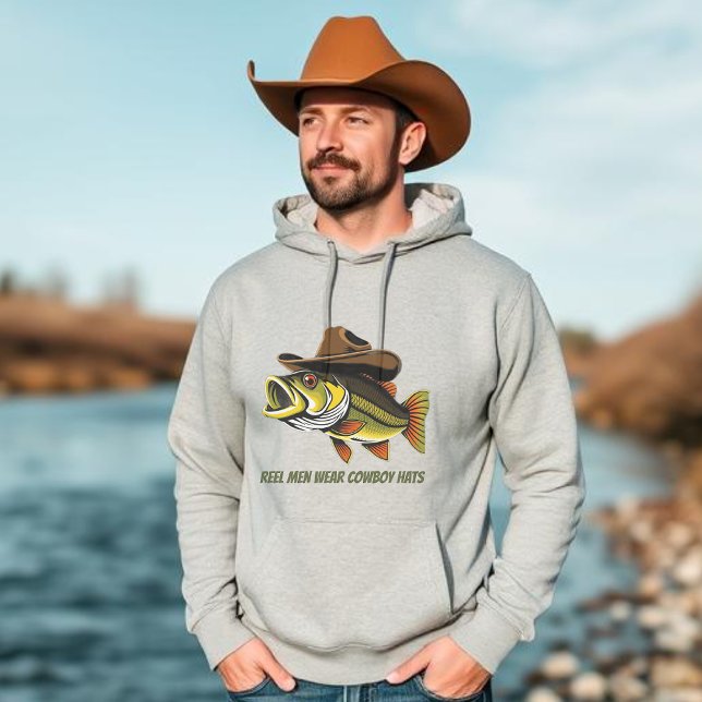 Bass Fish Reel Men Wear Cowboy Hats Hoodie (Funny Fish Hoodie for Him Fish with a Cowboy Hat Fathers Day gifts Gifts for him)