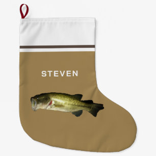 Bass Fish Rustic Beige Brown Personalised Large Christmas Stocking