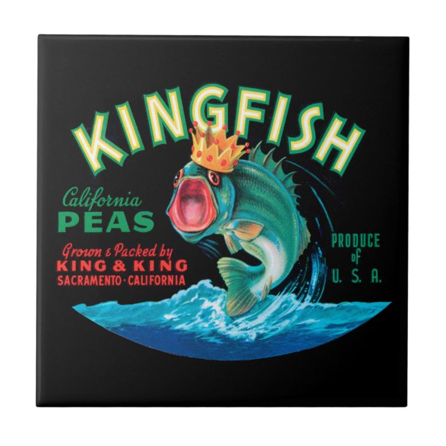 Bass Fish Wearing a Crown on a Black Background Ceramic Tile (Front)
