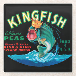 Bass Fish Wearing a Crown on a Black Background Glass Coaster