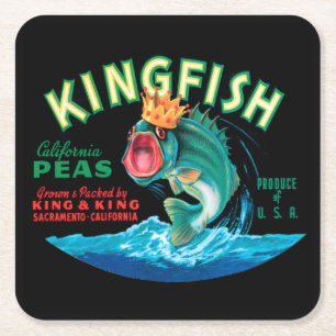 Bass Fish Wearing a Crown on a Black Background Square Paper Coaster