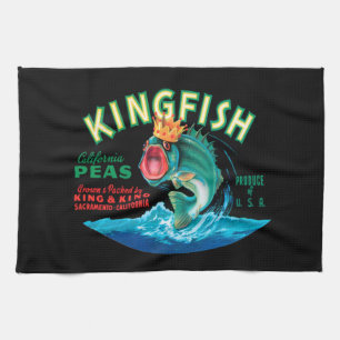 Bass Fish Wearing a Crown on a Black Background Tea Towel