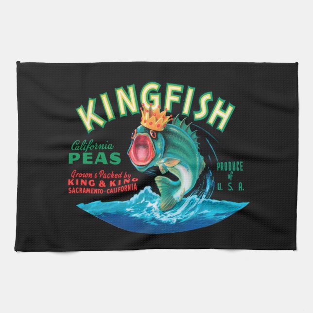 Bass Fish Wearing a Crown on a Black Background Tea Towel (Horizontal)