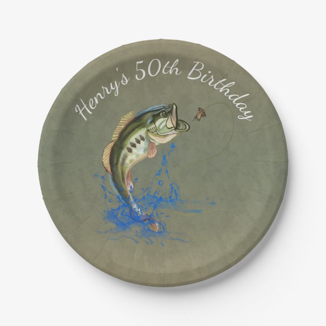 Bass Fishing 50th Birthday Party Paper Plates (Front)