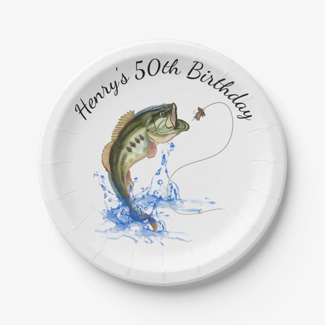 Bass Fishing 50th Birthday Party Paper Plates (Front)