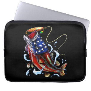 Bass Fishing Fish American Flag Patriotic Fishing Laptop Sleeve