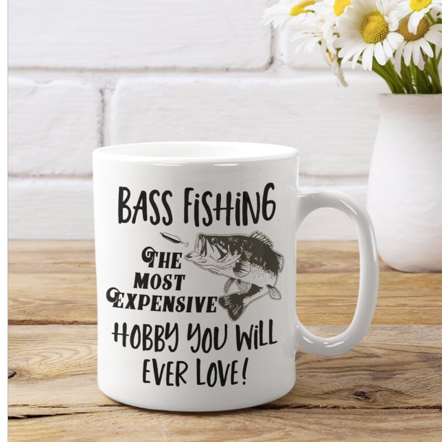 Bass Fishing Quote Funny Angler Hobby Sports Large Coffee Mug (Bass fishing is an addictive hobby. Buying fishing lures and rods is an expensive hobby. )