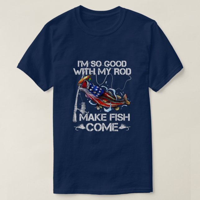 Bass Fishing Rod Fishing Lover Fish American Flag  T-Shirt (Design Front)
