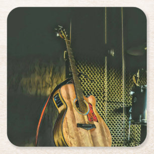 Bass guitar player square paper coaster
