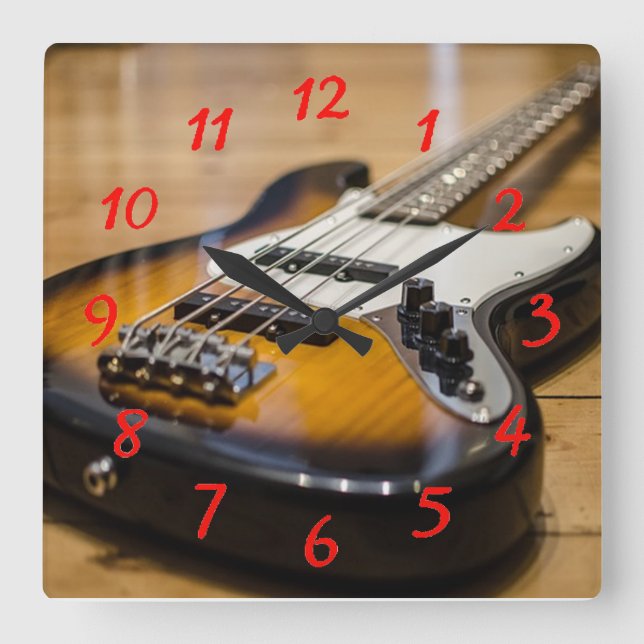 Bass Guitar Square Wall Clock (Front)