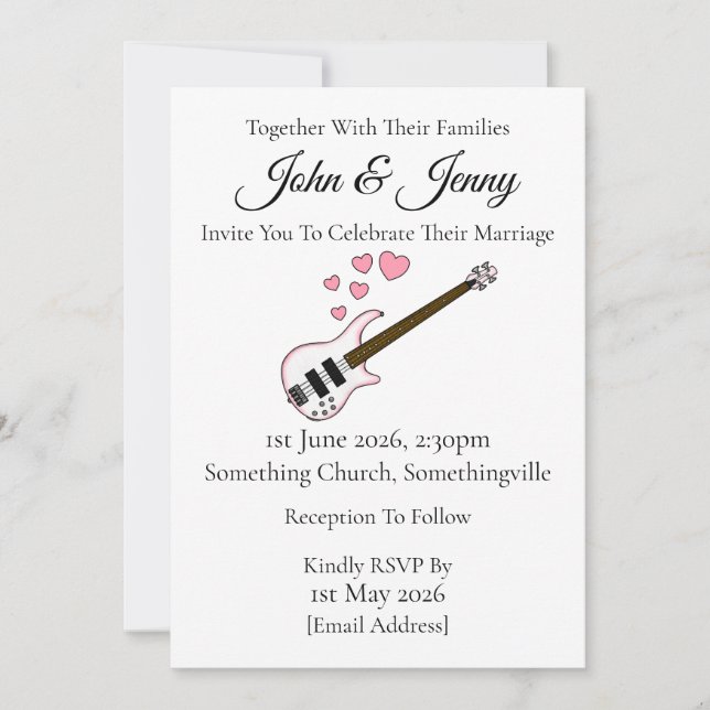 Bass Guitar Wedding Invitation Bassist Musicians (Front)