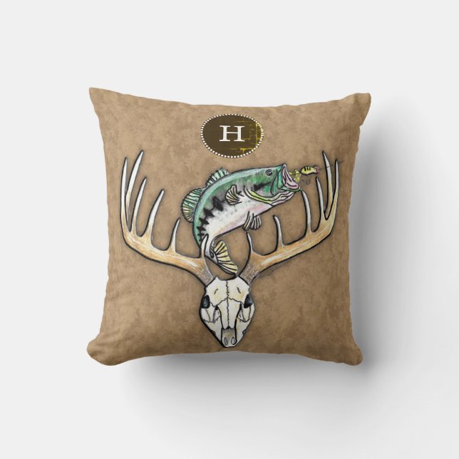 Bass Jumping over Deer Horns Skull Monogram Cushion (Front)