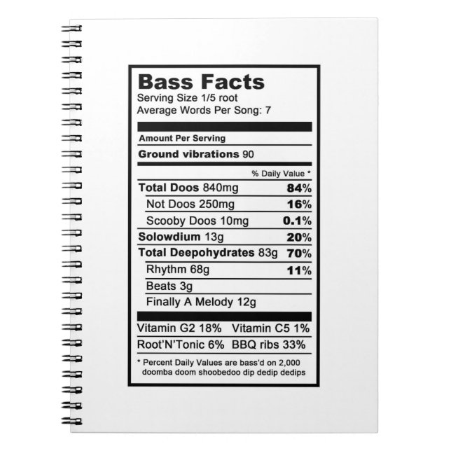 Bass singer "Nutritional Information Label" Notebook (Front)