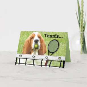 Basset Greeting Card with Tennis Racket and Ball