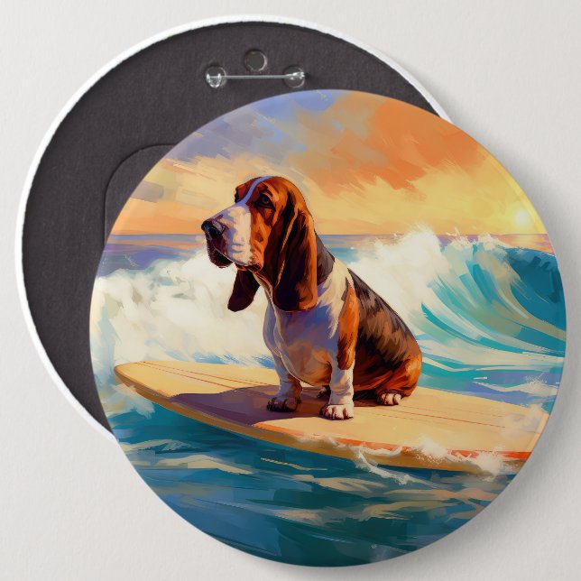 Basset Hound Beach Surfing Painting 6 Cm Round Badge (Front & Back)