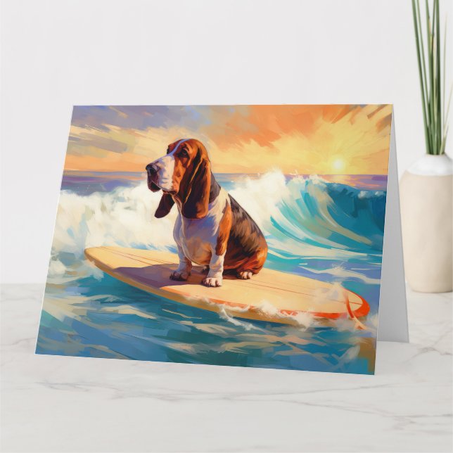 Basset Hound Beach Surfing Painting Card (Front)