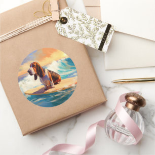 Basset Hound Beach Surfing Painting Classic Round Sticker