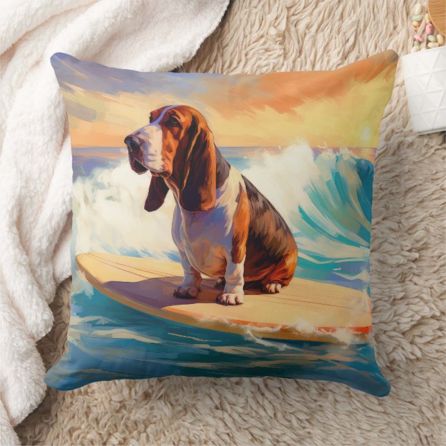 Basset Hound Beach Surfing Painting Cushion (Blanket)