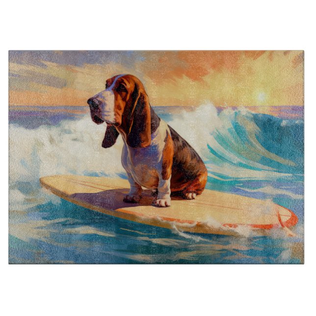 Basset Hound Beach Surfing Painting Cutting Board (Front)