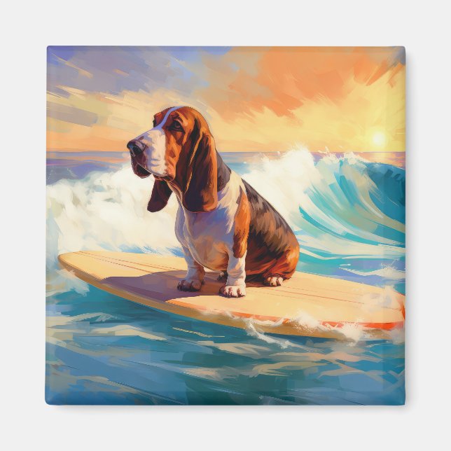 Basset Hound Beach Surfing Painting Magnet (Front)