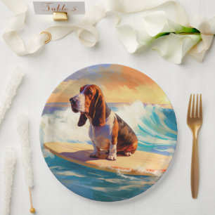 Basset Hound Beach Surfing Painting Paper Plate