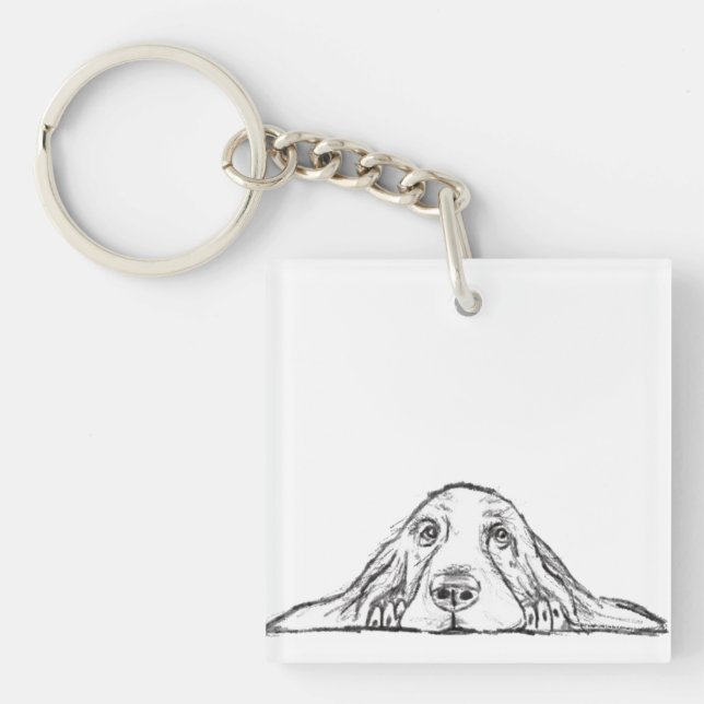 basset hound black white simple puppy dog eyes key ring (Front)